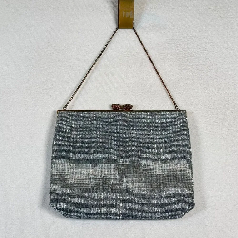 Vintage Made in France Silver Beaded Evening Bag Rhinestone Kiss Lock Purse